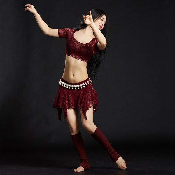 

2021 belly dance clothes women dance rose lace outfits 2pcs and skirt modal bellydance costume lace, Black;red