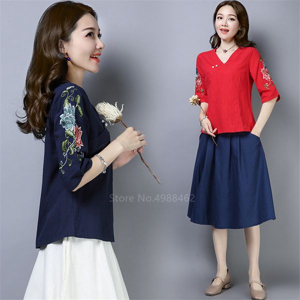 

2021 new chinese traditional loose clothes women girls ethnic flower embroidery retro blouse asian reto v-neck shirt linen cheongsam pk8, White;black