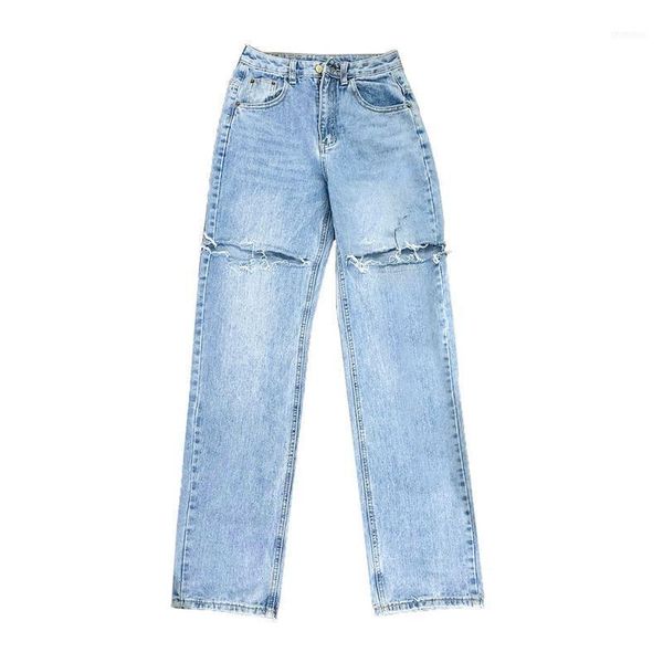 

spring and summer fashion all-match wide-leg pants women's high waist loose retro mop hole washed jeans street fashion1, Blue