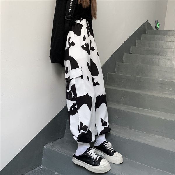 

winter cow print pants women korean style fashion milk palazzo pants harajuku wide cargo pants straight trousers women, Black;white
