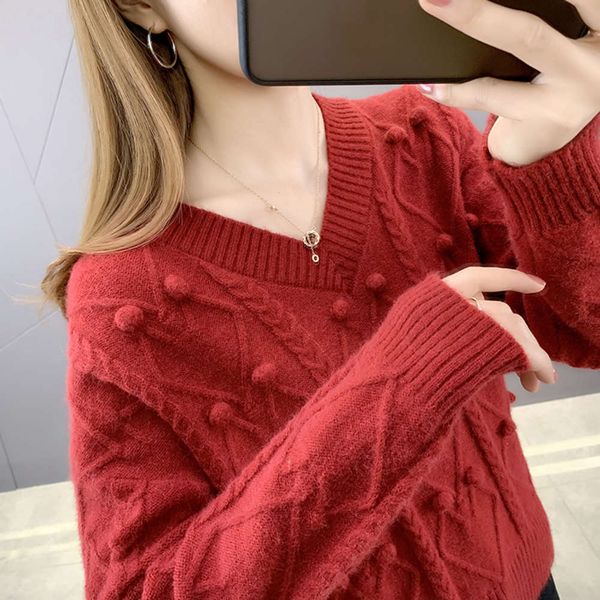 

v-neck sweater women's loose knit 2021 new autumn and winter versatile base coat with thickened sleeve, White;black