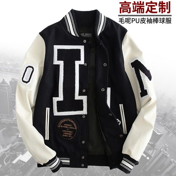 

pilot jacket men's baseball jacket towel embroidered loose pu leather stitching trendy brand coat, Black;brown