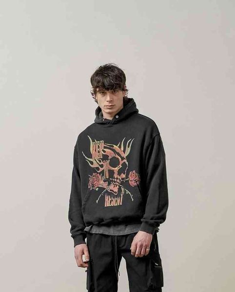 

22ss rose skull 100% cotton oversized represent hoodies men women vintage autumn winter skateboard hippie clothes, Black