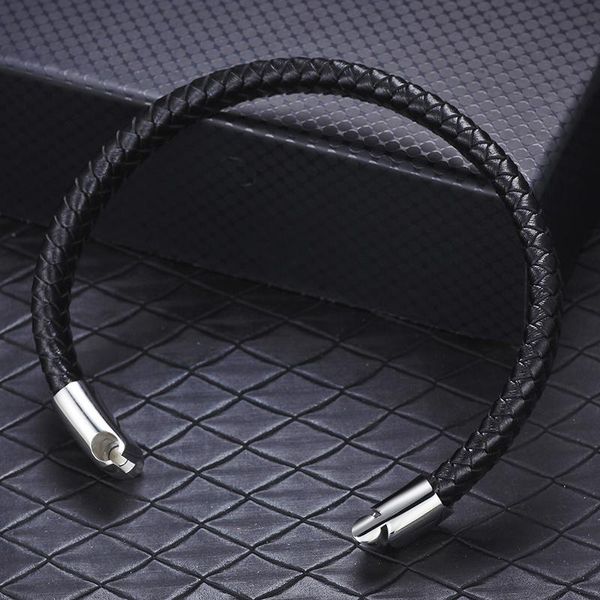 

charm bracelets punk black braided leather bracelet bangle male accessories homme jewelry stainless steel magnetic for men, Golden;silver