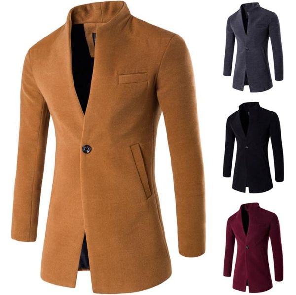 

men's trench coats fashionable plush jacket blended winter mid-length windbreaker classic solid color slim lengthened and thickened, Tan;black