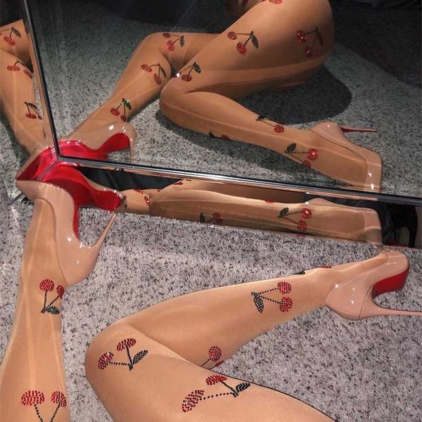 

cherry drill silk stockings anti stripping arbitrary cutting pantyhose ultra-thin versatile bottoming socks character women's socks 211, Black;white