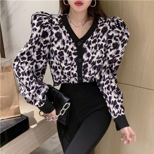 

women's jackets alien kitty 2021 retro leopard slim casual women coats v-neck puff sleeve elegant autumn ol chic gentle office lady, Black;brown