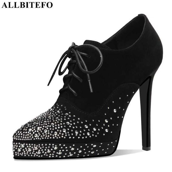 

allbitefo full toe genuine leather high heels wedding women shoes women high heel shoes office ladies shoes 210611, Black