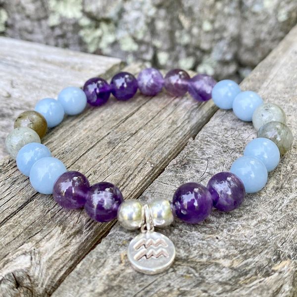 MG1377 Nuovo arrivo Acquario Zodiac Braccialetto Zodiac Donne Gemstone Spirituale Bracciale MALA Ametista Bilanciamento dell'oscurità Braccialetto Yoga