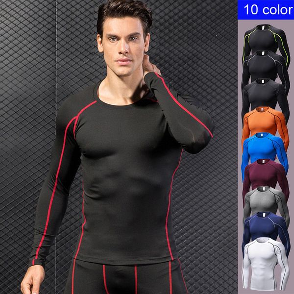 

2021 mens pro skinny fitness sports running training t-shirt elastic quick-drying long sleeved shirt clothes muscle base layer thermal, White;black