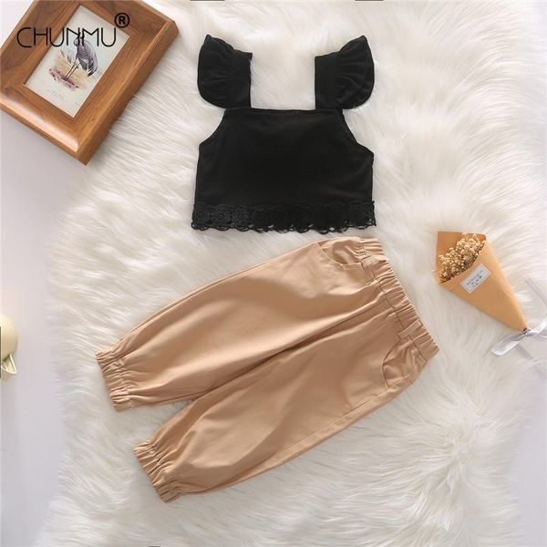 

clothing sets baby girls summer clothes set lace flying sleeve + elastic sport pants toddler tracksuit casual children suit, White