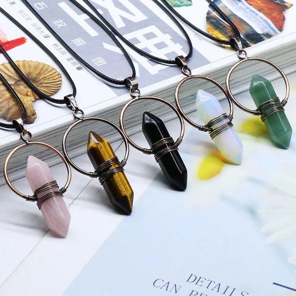 

natural stone pointed pendant necklaces opal quartz hexagonal column circle wire wrapped bullet crystal necklace healing jewelry, Silver