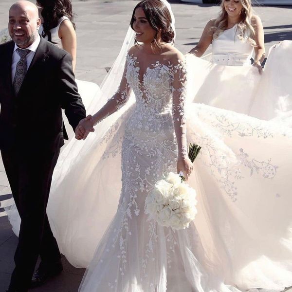 

sheer long sleeve wedding dresses customise mermaid bridal gowns with detachabletrain lace applique vintage robe de soirÃ©e, White