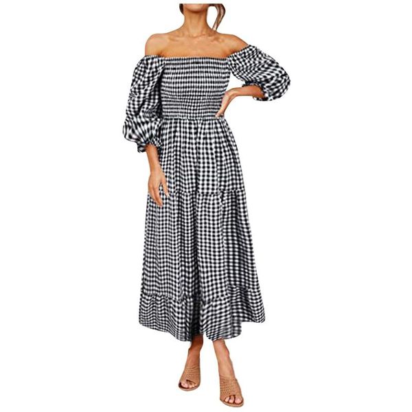 

casual dresses plaid printed boho long dress sleeve slash neck party for women 2021 holiday off shoulder ruffle maxi 40#, Black;gray
