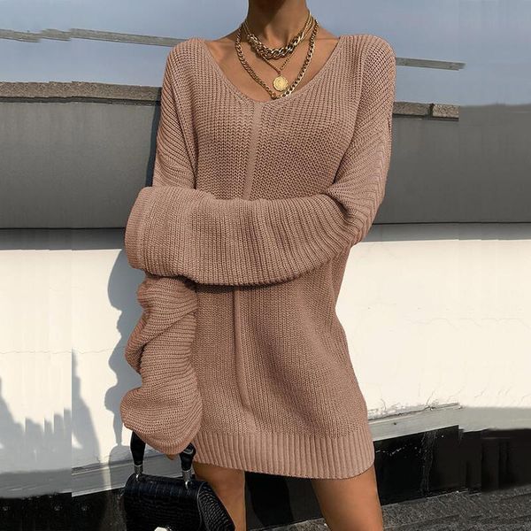 

casual dresses women elegant solid long sleeve loose v-neck knitted sweater dress ladies autumn winter fashion jumper, Black;gray