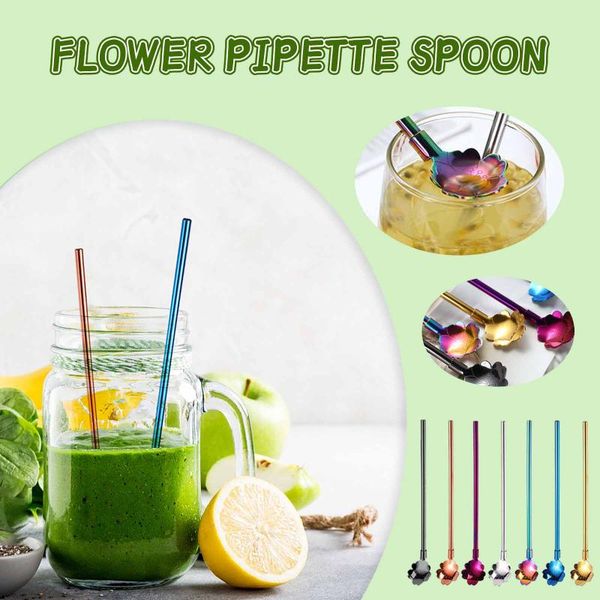 

spoons dessert spoon stainless steel straw flower set milk tea drink stirring dual ice cream miel