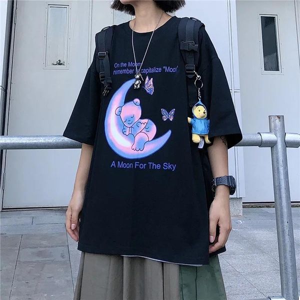 

harajuku vintage bear anime print short sleeve cotton t shirt woman korean kpop punk black white gothic streetwear plus size top