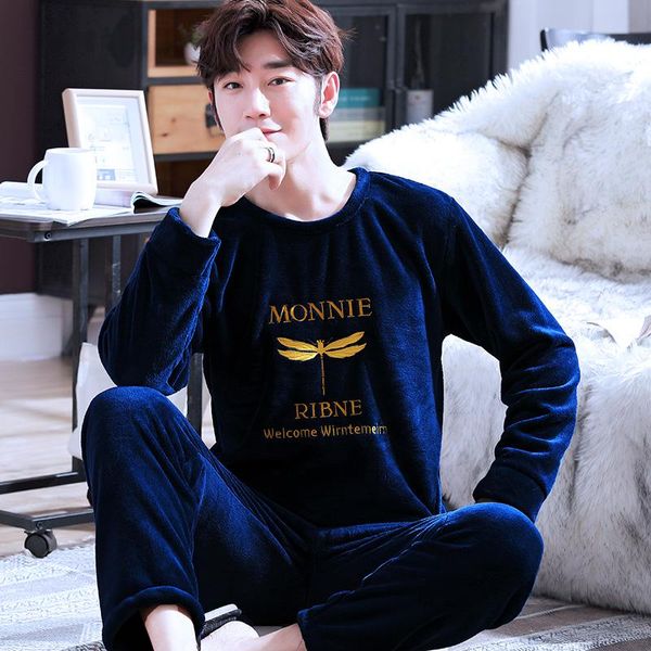

2021 autumn winter new flannel pajamas for men cartoon plus velvet sleepwear with pants coral fleece men's pajamas homewear sets, Black;brown