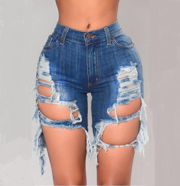 

women's jeans brand women big hole beggar stretch denim shorts ripped distressed high waist demin female street style short, Blue