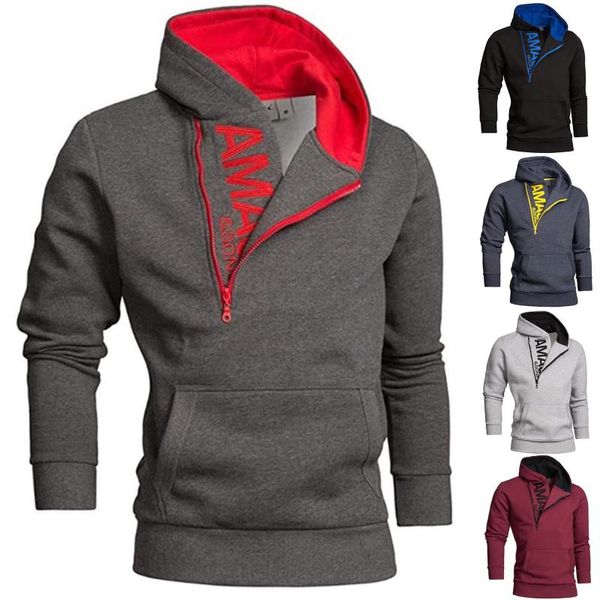 

men's hoodies & sweatshirts sports men plus size slant zipper letter long sleeve hooded streetwear pullover fashion clothing #4, Black