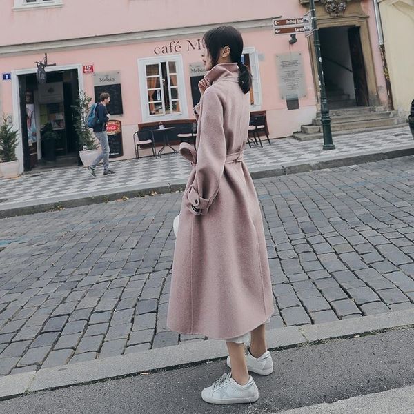 

winter cashmere coat, new hepburn style woolen women coat long section turn-down collar adjustable waist winter coats 201102, Black