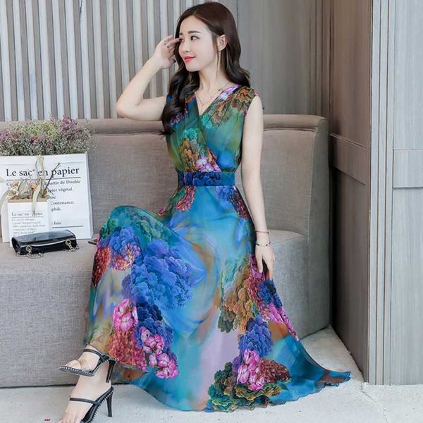 

chiffon dress summer printed slim female v neck sleeveless bohemia long dresses plus size 210526, Black;gray