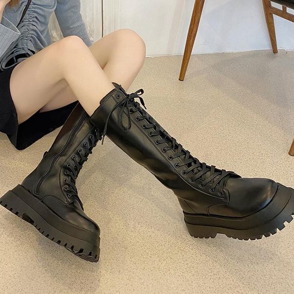

boots 2021autum winter women thick bottom lace up wear-resistant non-slip ladies female british style knee-length shoes, Black