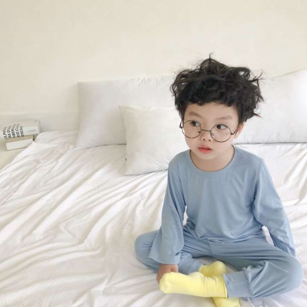 

2021 children's summer air conditioning long sleeve trousers modal home clothing belly protection mosquito proof pajamas suit, Blue;red