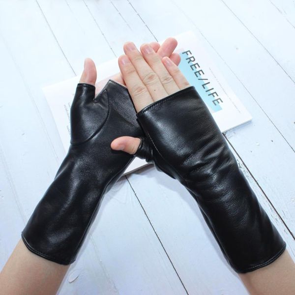

five fingers gloves bickmods women fashion long genuine leather black sheepskin driving outdoor fingerless spring and autumn, Blue;gray
