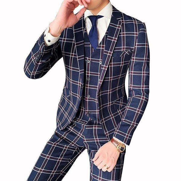 

men's suits & blazers autumn vintage plaid suit men dinner british style slim fit 3 piece set terno mens clothing, White;black