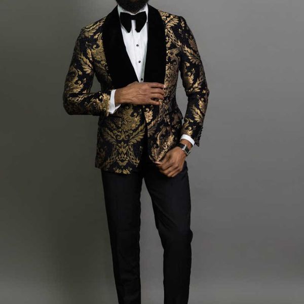 

2 piece black floral jacquard prom men suits slim fit with velvet shawl lapel wedding groom tuxedo male fashion clothes x0608, White;black