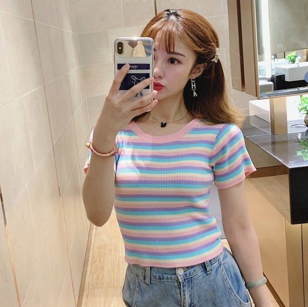

2021 summer new -style preppy raiow striped korean sweet style loose t schoolgirl shirt 745i, White