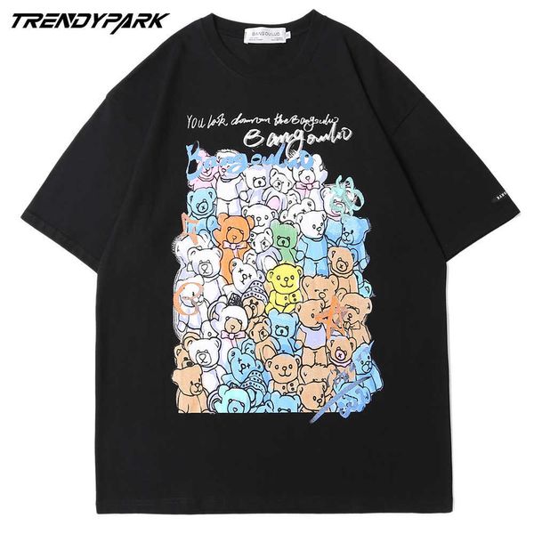 

men's t shirt colorful bears pile printed short sleeve hip hop oversize cotton casual harajuku streetwear tee t-shirts 210601, White;black