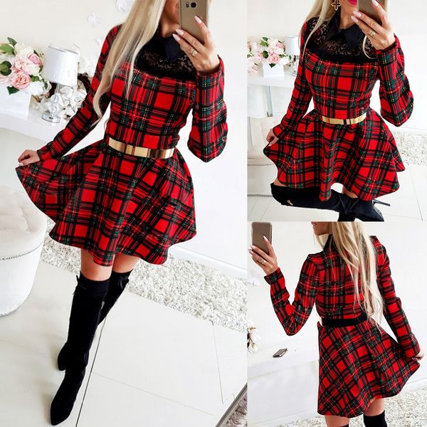 

christmas dress for women winter xmas red plaid dress long sleeve scottish plaid slim dress plaid mini party dresses 210226, Black;gray