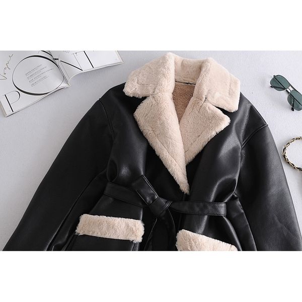 

2021 new winter fur jacket coat women black faux leather parkas fleece thick warm outwear belt zlx1