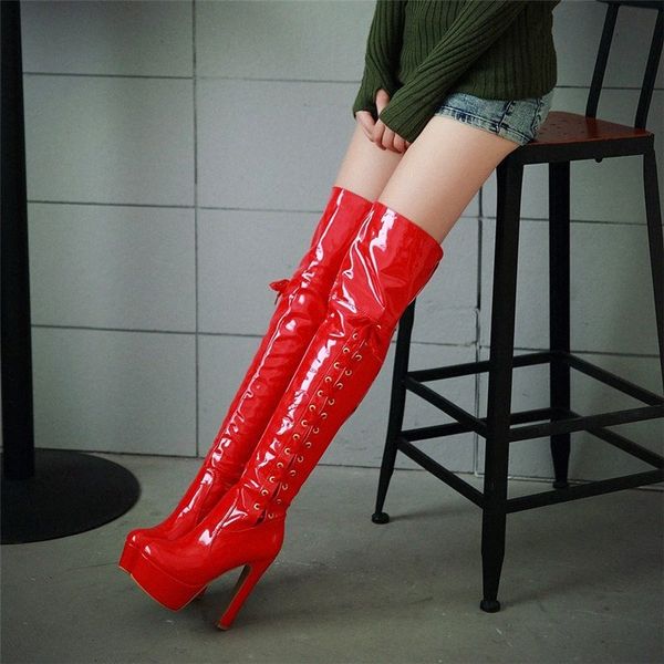 

ymechic winter black red pu patent leather overknee knight boots women party platform shoes big size long ridding boot bota 2018 x3nb#