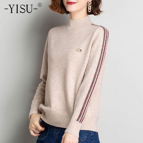 

yisu winter women sweater solid color loose half turtleneck casual jumper fashion knitted pullover long sleeve winter top, White;black