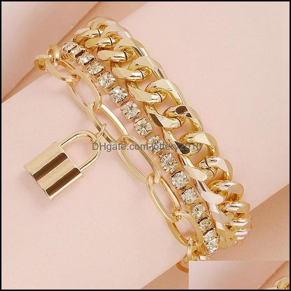 

jewelryfashion retro lockshaped microinlaid bracelet bangles jewelry bing rhinestone chain link bracelets women metal link drop deliver, Black