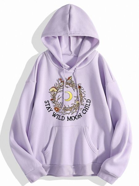 

moon & mushroom print kangaroo pocket drawstring thermal hoodie d2mk#, White;black