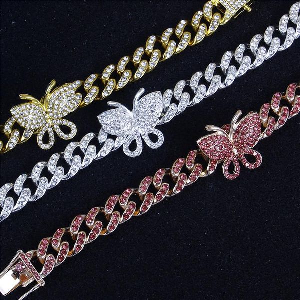 

hip hop butterfly bracelet iced out bling rhinestone cuban link chain bracelets for men women party jewelry drop shipping, Golden;silver