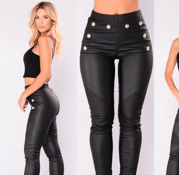 

new womens pu leather pants stretchy push up pencil skinny mid standard ankle lenght leggings bottoms drop shipping, Black