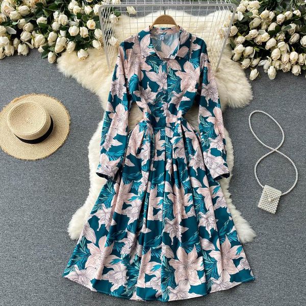 

casual dresses women's vintage floral long sleeve shirt dress 2021 spring autumn single breasted streetwear office lady vestidos, Black;gray