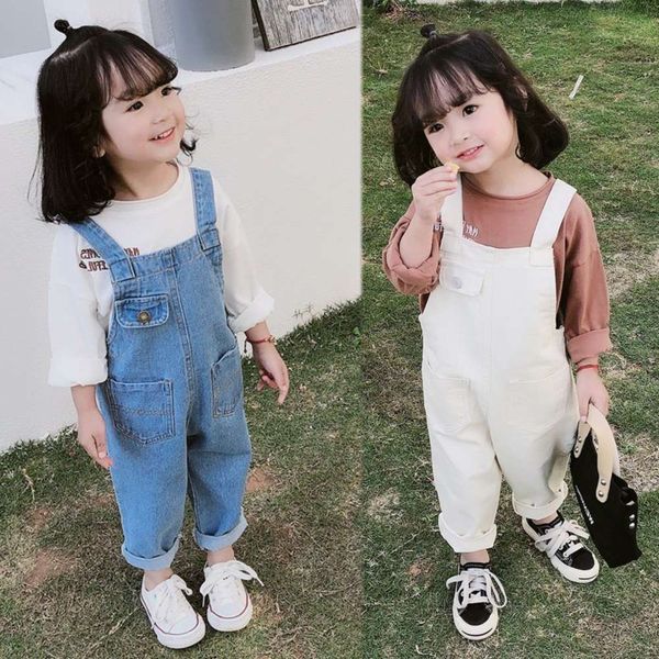 

autumn girl's jeans bibs fashion one piece children's pants, Blue