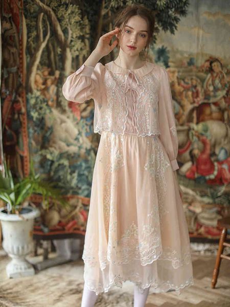 

casual dresses spring autumn women vintage elegant slim luxury embroidery pink midi sweet long sleeve fake two piece wzxq, Black;gray