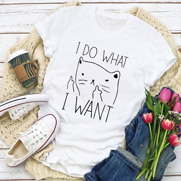 

graphic cat funny simple womens cartoon short sleeve cute summer lady clothing clothes tee, White