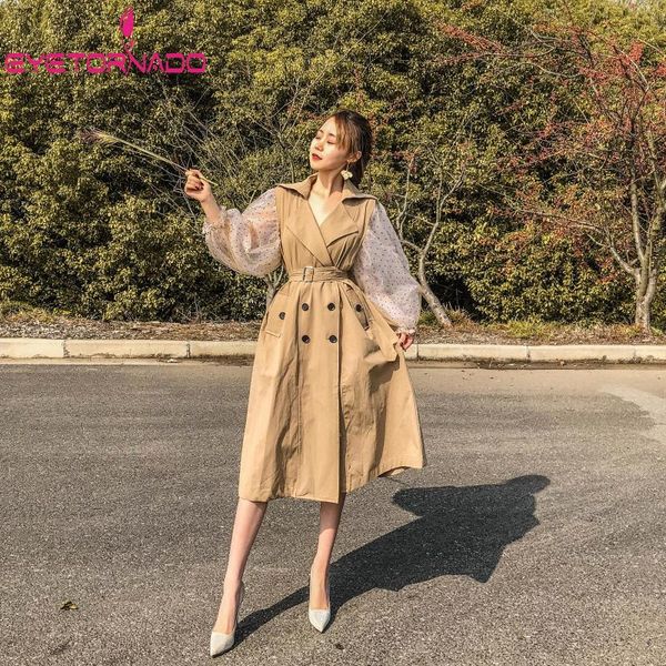 

women's trench coats korean style long women spring double breasted casual work office coat mesh puff sleeve skirt trenches overcoat, Tan;black