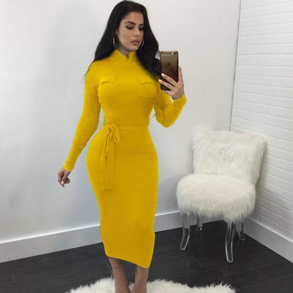 

autumn winter knitted sweater dress for women slim elastic turtleneck long sleeve dress sheath pockets bodycon maxi sashes, Black;gray