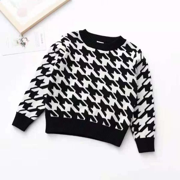 

pullover fashion houndstooth print girls sweater long sleeve round neck knitting casual party streetwear for 2-8years, Blue
