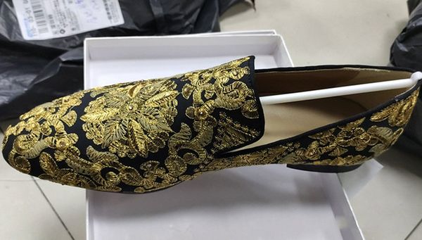 

gold embroidery mens loafers flat heel wedding dress shoes mens oxfords work office shoe, Black