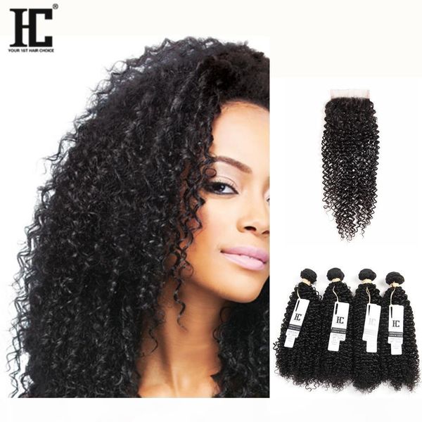

hc peruvian kinky curly human hair weaves with closure 100% virgin human hair 4 bundles with lace closure natural color, Black